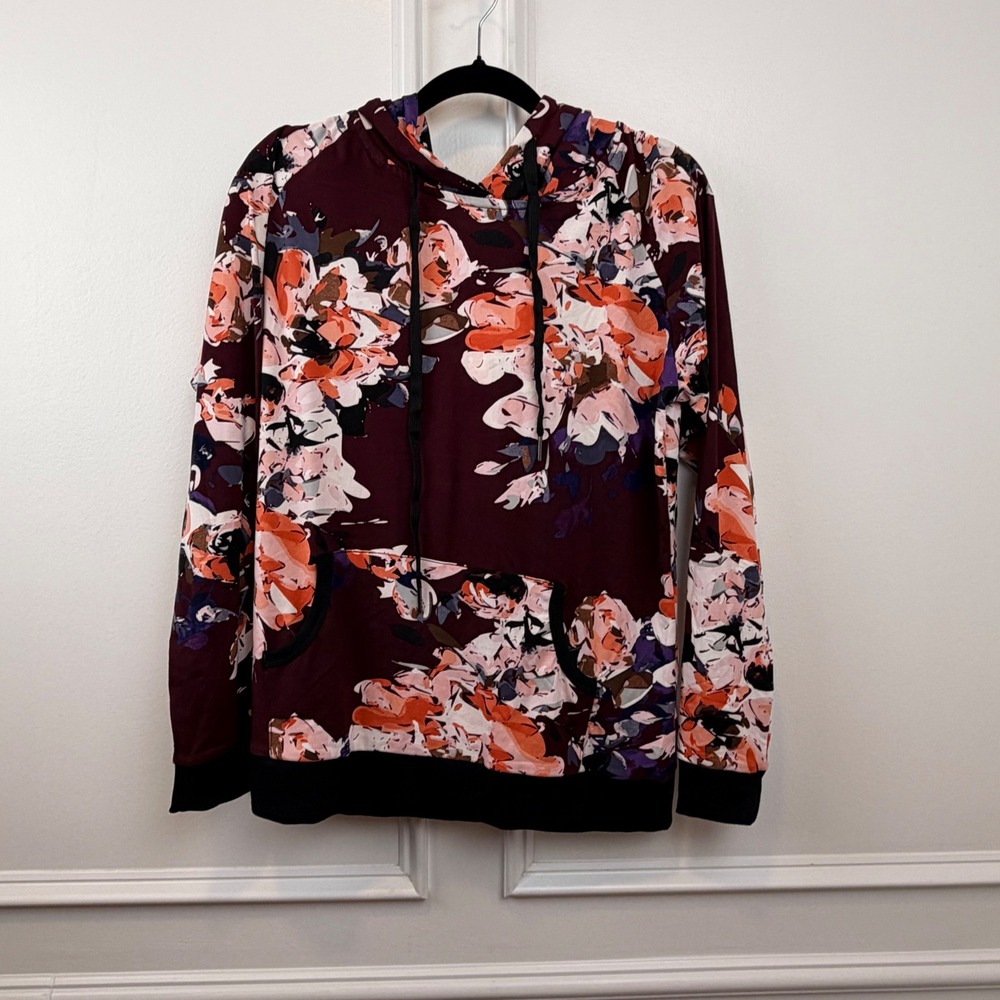 Lildy Super Soft Hoodie Womens‎ S-M Burgundy Floral Long Sleeve Pullover Pocket